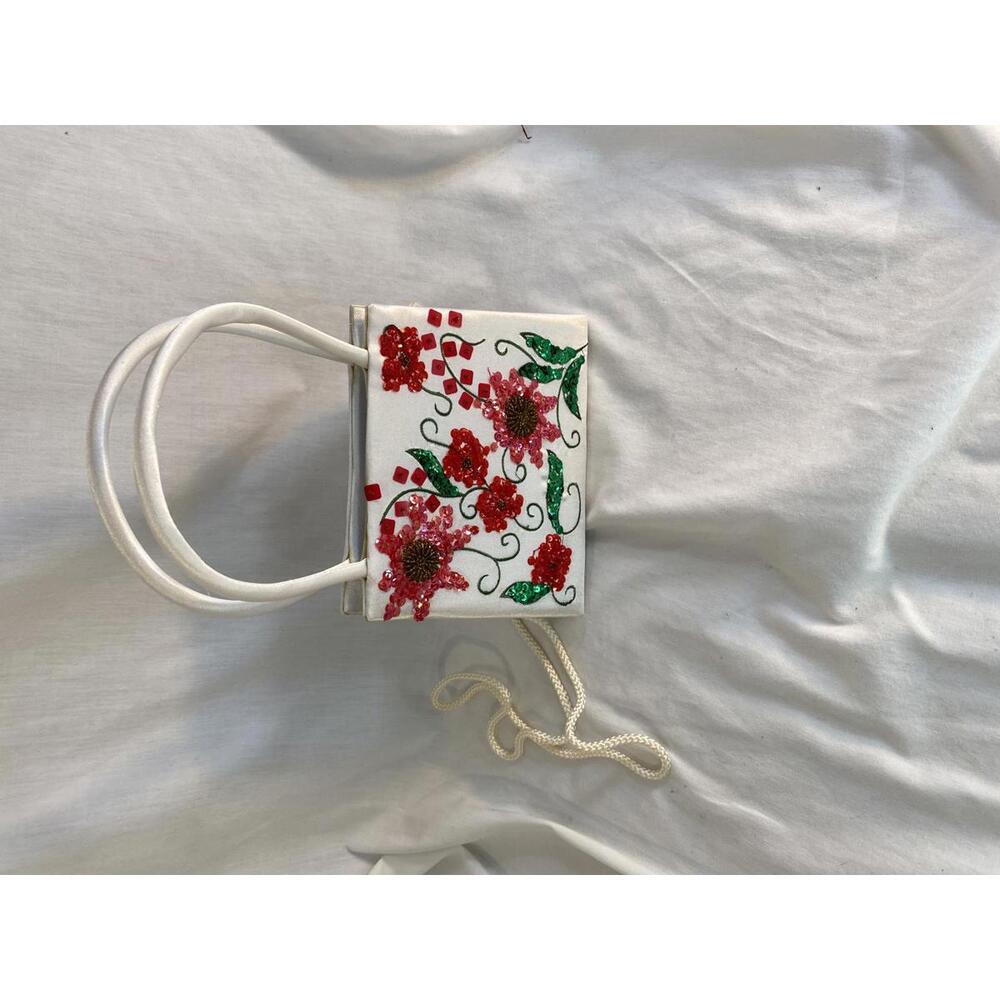 Sasha Hand Made White Satin Red Green Floral Embellished Evening Clutch Purse